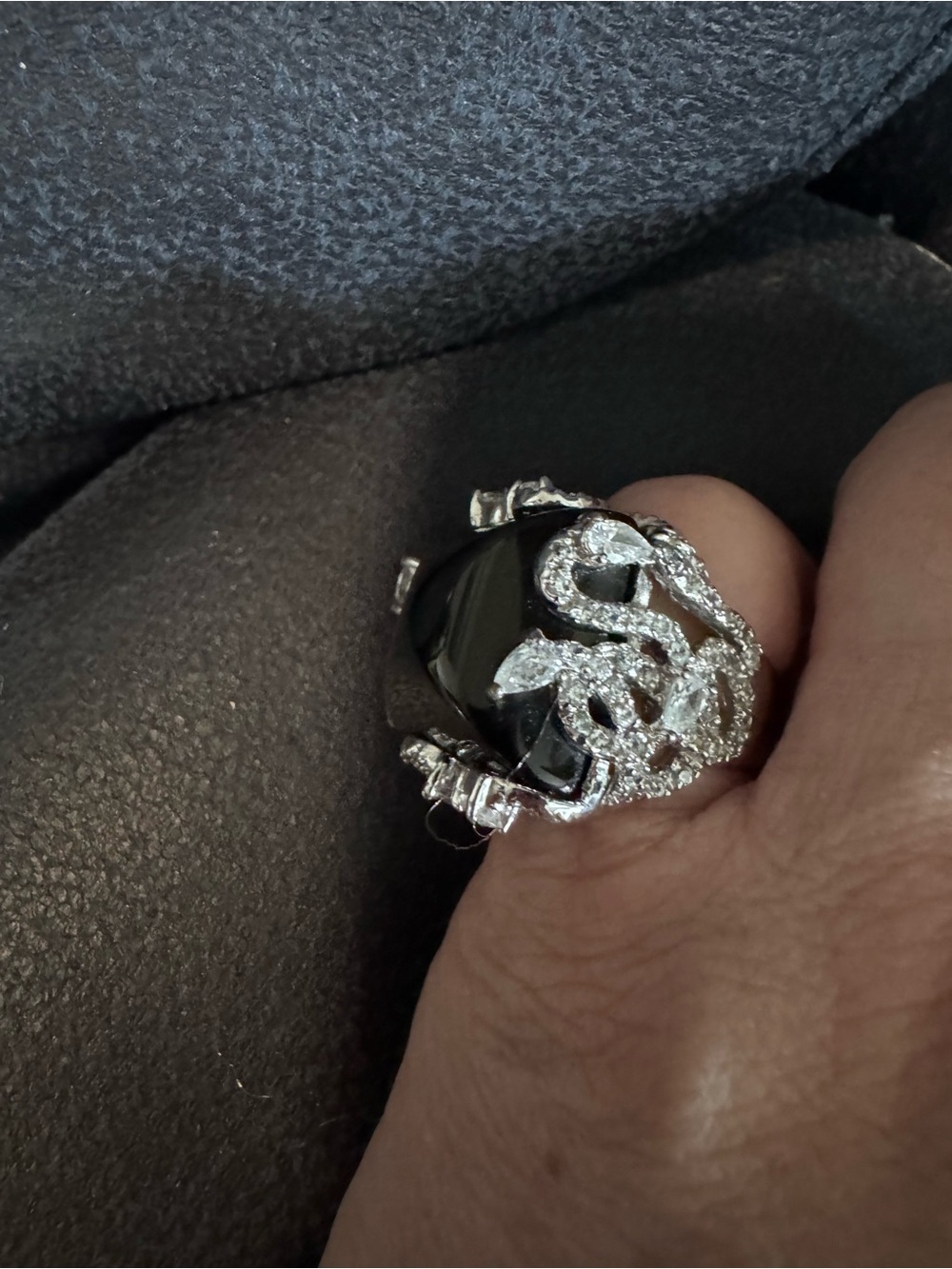 Silver Black Onyx Ring with Cubic Zirconia Accents size 8